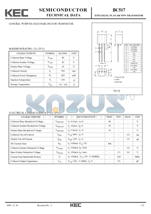 BC517 datasheet - EPITAXIAL PLANAR NPN TRANSISTOR