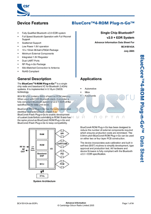 BC41B143AES-ANN-E4 datasheet - BlueCore 4-ROM Plug-n-Go  Single Chip Bluetooth v2.0  EDR System