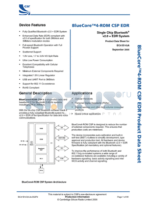 BC41B143AXX-IXB-E4 datasheet - BlueCore 4-ROM CSP EDR Single Chip Bluetooth v2.0  EDR System