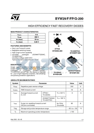 BYW29F-200 datasheet - HIGH EFFICIENCY FAST RECOVERY DIODES