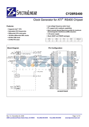 CY28RS400OXC datasheet - Clock Generator for ATI RS400 Chipset