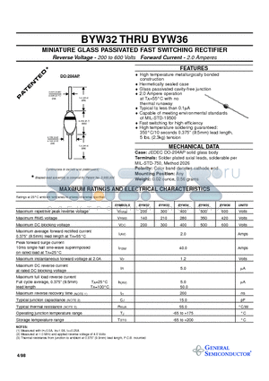 BYW33 datasheet - MINIATURE GLASS PASSIVATED FAST SWITCHING RECTIFIER