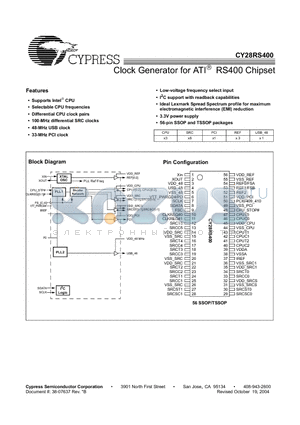 CY28RS400OXCT datasheet - Clock Generator for ATI RS400 Chipset