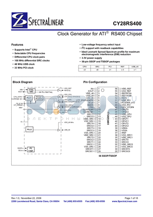 CY28RS400ZXCT datasheet - Clock Generator for ATI RS400 Chipset