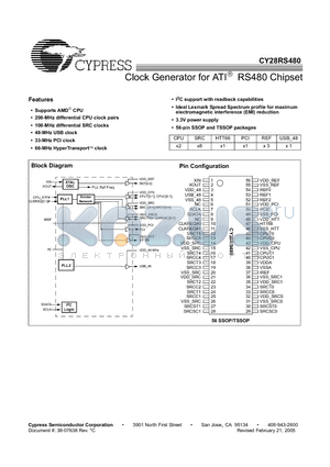 CY28RS480 datasheet - Clock Generator for ATI RS480 Chipset