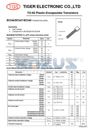 BC546 datasheet - TO-92 Plastic-Encapsulate Transistors (NPN)