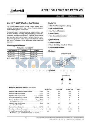 BYW51-200 datasheet - 8A, 100V - 200V Ultrafast Dual Diodes