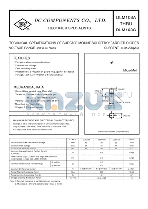 DLM103A datasheet - TECHNICAL SPECIFICATIONS OF SURFACE MOUNT SCHOTTKY BARRIER DIODES VOLTAGE RANGE - 20 to 40 Volts