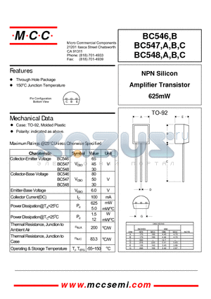 BC546 datasheet - NPN Silicon Amplifier Transistor 625mW