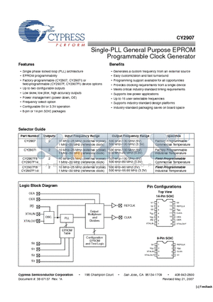 CY2907 datasheet - Single-PLL General Purpose EPROM Programmable Clock Generator