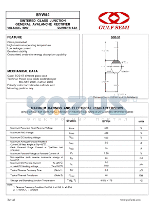 BYW54 datasheet - SINTERED GLASS JUNCTION GENERAL AVALANCHE RECTIFIER VOLTAGE600V CURRENT: 2.0A