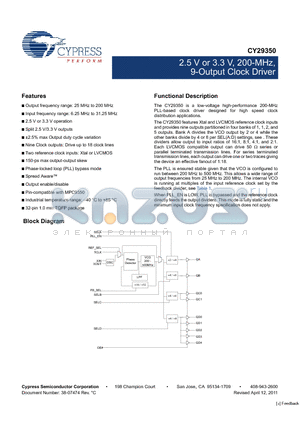 CY29350 datasheet - 2.5 V or 3.3 V, 200-MHz, 9-Output Clock Driver Nine Clock outputs: Drive up to 18 clock lines