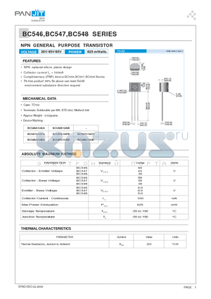 BC547 datasheet - NPN GENERAL PURPOSE TRANSISTOR