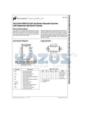 54LS192FMQB datasheet - 54LS192/DM74LS192 Up/Down Decade Counter with Separate Up/Down Clocks