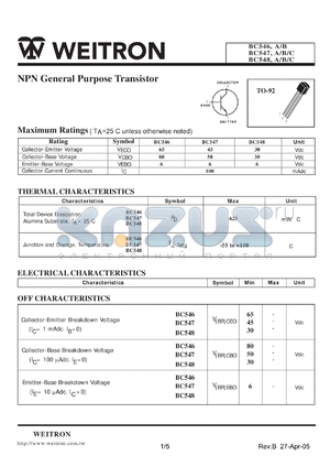 BC547 datasheet - NPN General Purpose Transistor