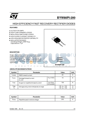 BYW80 datasheet - HIGH EFFICIENCY FAST RECOVERY RECTIFIER DIODES
