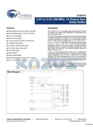 CY29775 datasheet - 2.5V or 3.3V, 200-MHz, 14 Output Zero Delay Buffer