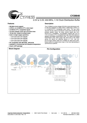 CY29940ACT datasheet - 2.5V or 3.3V, 200-MHz, 1:18 Clock Distribution Buffer