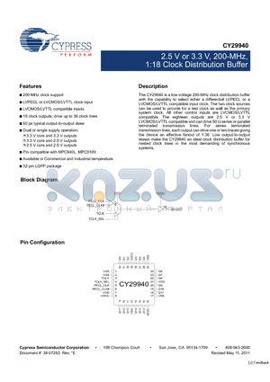 CY29940AXCT datasheet - 2.5 V or 3.3 V, 200-MHz, 1:18 Clock Distribution Buffer 200-MHz clock support
