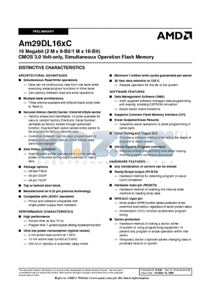 AM29DL16XCB70EEB datasheet - 16 Megabit (2 M x 8-Bit/1 M x 16-Bit) CMOS 3.0 Volt-only, Simultaneous Operation Flash Memory