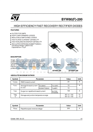 BYW80F-200 datasheet - HIGH EFFICIENCY FAST RECOVERY RECTIFIER DIODES
