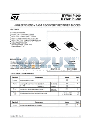 BYW81PI datasheet - HIGH EFFICIENCY FAST RECOVERY RECTIFIER DIODES
