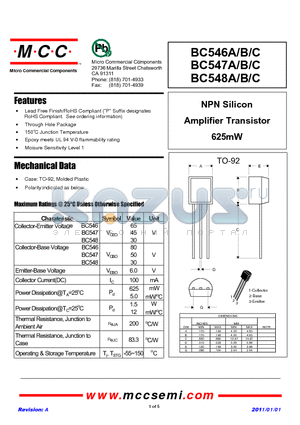 BC547B datasheet - NPN Silicon Amplifier Transistor 625mW