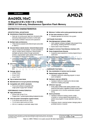 AM29DL16XCT70WCEB datasheet - 16 Megabit (2 M x 8-Bit/1 M x 16-Bit) CMOS 3.0 Volt-only, Simultaneous Operation Flash Memory