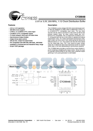 CY29948 datasheet - 2.5V or 3.3V, 200-MHz, 1:12 Clock Distribution Buffer