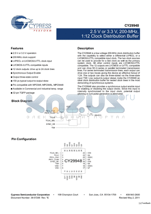 CY29948AC datasheet - 2.5 V or 3.3 V, 200-MHz, 1:12 Clock Distribution Buffer