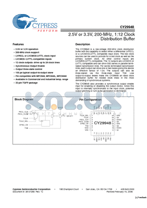 CY29948AXC datasheet - 2.5V or 3.3V, 200-MHz, 1:12 Clock Distribution Buffer