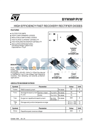 BYW99 datasheet - HIGH EFFICIENCY FAST RECOVERY RECTIFIER DIODES