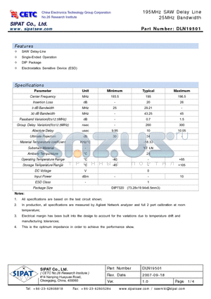 DLN19501 datasheet - 195MHz SAW Delay Line 25MHz Bandwidth