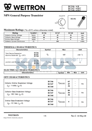 BC548 datasheet - NPN General Purpose Transistor