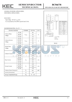 BC548 datasheet - EPITAXIAL PLANAR NPN TRANSISTOR