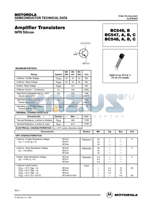 BC548A datasheet - Amplifier Transistors(NPN Silicon)