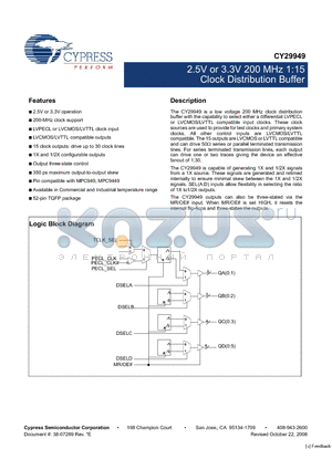 CY29949AXC datasheet - 2.5V or 3.3V 200 MHz 1:15 Clock Distribution Buffer