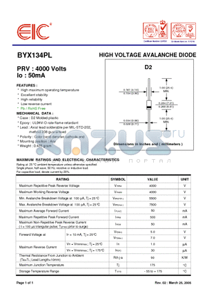 BYX134PL datasheet - HIGH VOLTAGE AVALANCHE DIODE