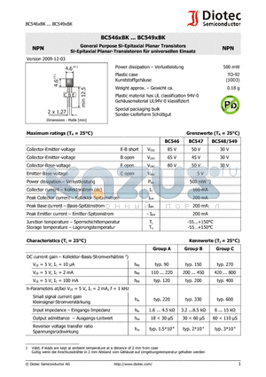 BC549XBK datasheet - General Purpose Si-Epitaxial Planar Transistors