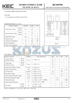 BC550 datasheet - EPITAXIAL PLANAR NPN TRANSISTOR