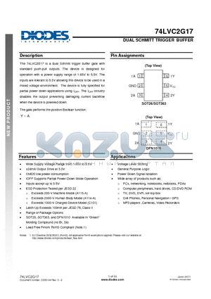 74LVC2G17DW-7 datasheet - DUAL SCHMITT TRIGGER BUFFER