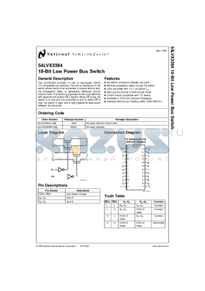 54LVX3384J-QML datasheet - 10-Bit Low Power Bus Switch