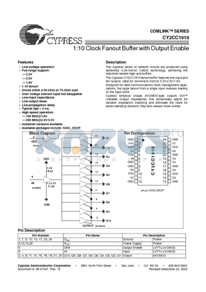 CY2CC1910 datasheet - 1:10 Clock Fanout Buffer with Output Enable