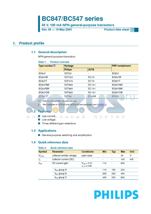 BC557 datasheet - 45 V, 100 mA NPN general-purpose transistors