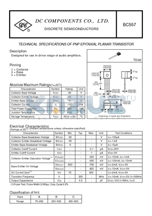 BC557 datasheet - TECHNICAL SPECIFICATIONS OF PNP EPITAXIAL PLANAR TRANSISTOR