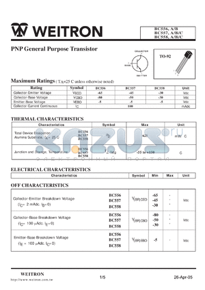 BC556A datasheet - PNP General Purpose Transistor