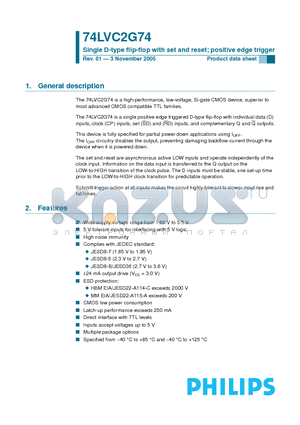 74LVC2G74DC datasheet - Single D-type flip-flop with set and reset; positive edge trigger