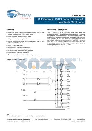 CY2DL15110AZI datasheet - 1:10 Differential LVDS Fanout Buffer with Selectable Clock Input