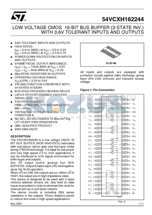 54VCXH162244 datasheet - LOW VOLTAGE CMOS 16-BIT BUS BUFFER (3-STATE INV) WITH 3.6V TOLERANT INPUTS AND OUTPUTS