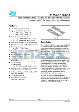 54VCXHR162245 datasheet - Rad hard low voltage CMOS 16-bit bus buffer transceiver (3-state) with 3.6V tolerant inputs and outputs